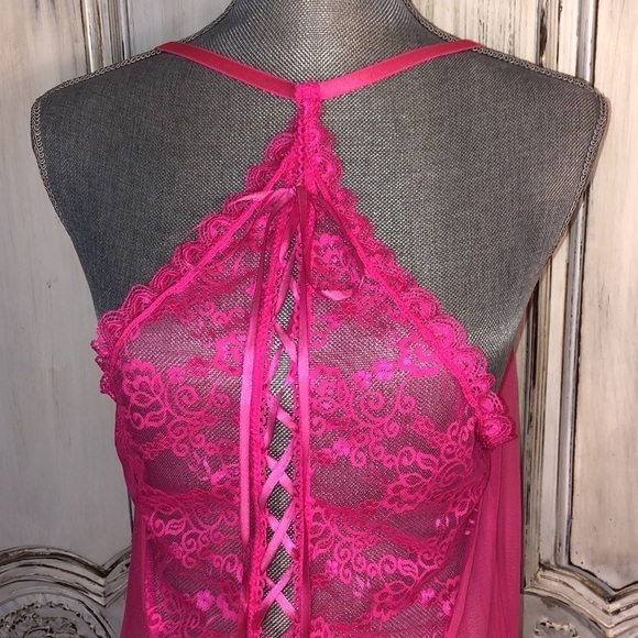 Seven Til Midnight Hot Pink Net Corset Style Nighty Size Queen - Picture 3 of 9